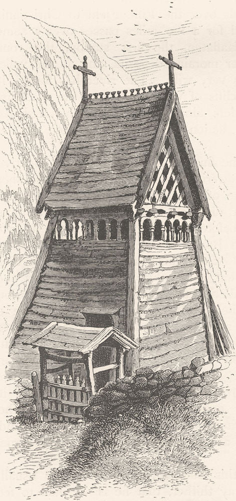 NORWAY. Bell Tower, Borgund Church. SMALL 1890 old antique print picture